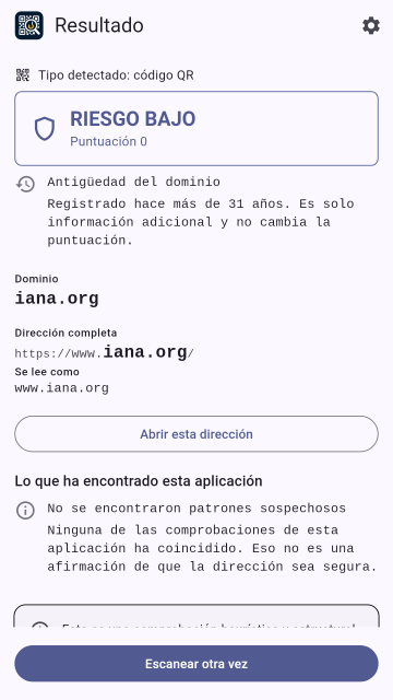 Un resultado que muestra además cuánto tiempo lleva registrado el dominio.