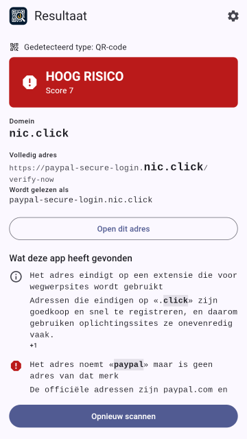 Een resultaat met HOOG RISICO voor een webadres dat PayPal nabootst, met de score, het domein en de bevindingen die dit uitleggen.