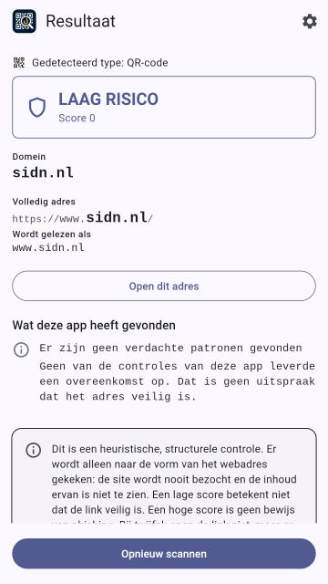 Een resultaat met LAAG RISICO met de score en uitleg over wat is gecontroleerd.